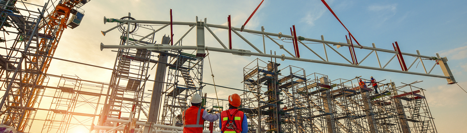 Workers watching a metal building construction process take place