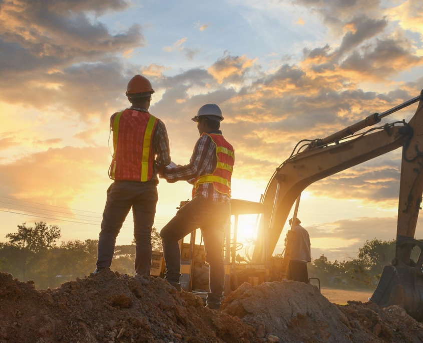 Side view of two construction workers shaking hands