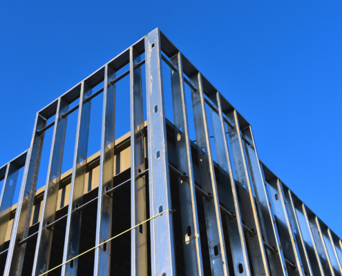 Steel framing members of new commercial building under construction